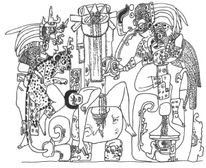Classic Maya scene of sacrifice involving human, beast, and fowl.