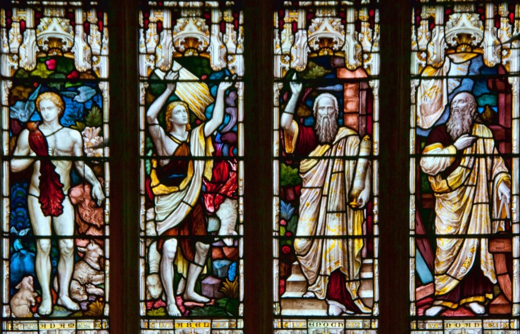 Window of the Patriarchs, Holy Trinity Church, Stratford Upon Avon, England. Notice the progression in clothing from left to right, perhaps indicating the artist’s ideas about the presumed maturity of civilization in different eras. Later prophets also seem to get more hair. Enoch and Noah sport similar beards and clothing, but Noah’s beard and fabric seem a little thicker.